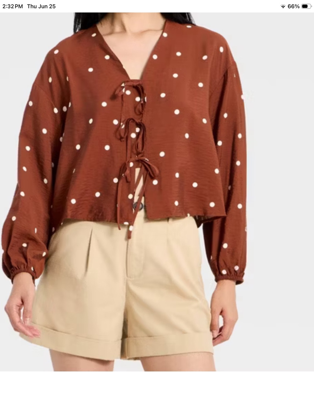 Womens Balloon Long Sleeve Tie-Front Blouse Size L